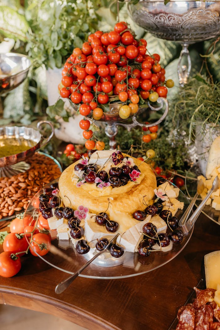 A luxurious cheese platter adorned with cherries, tomatoes, and greenery, ideal for gourmet dining.