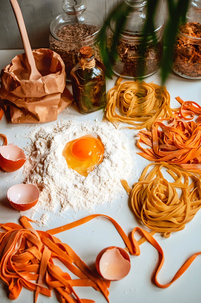 Flat lay of ingredients for making homemade pasta, featuring eggs, flour, and pasta dough.
